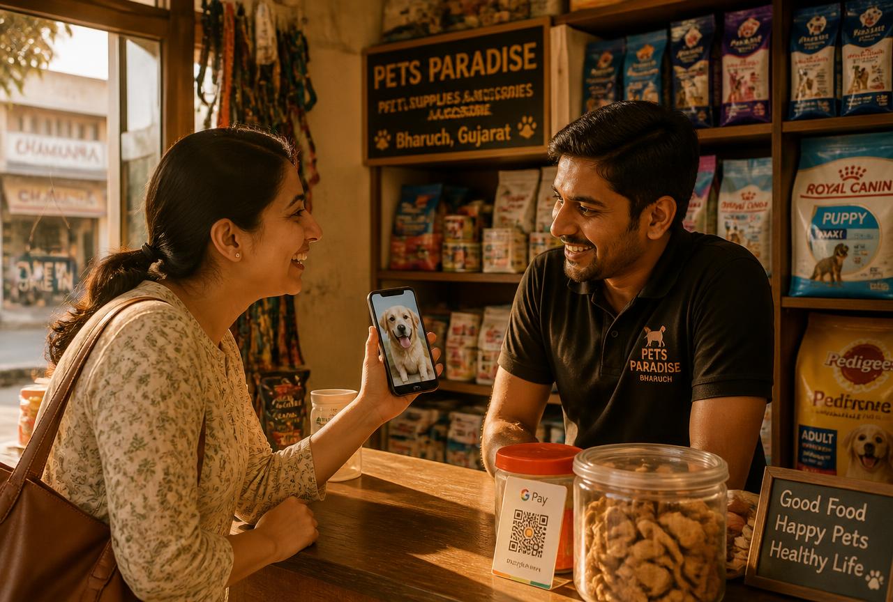 A pet parent showing a phone photo of her dog across the pet store counter in Bharuch
