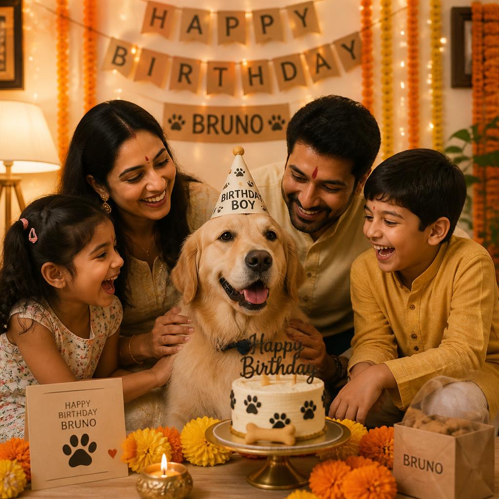 An Indian family celebrating their dog's birthday with a cake and marigold decorations