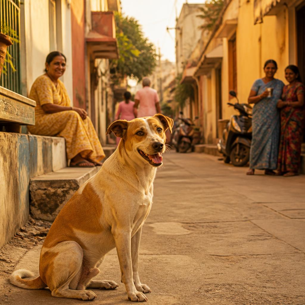 An indie street dog sitting in a Bharuch gali at golden hour, neighbours nearby
